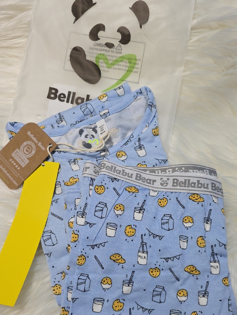 Bellabu Bear Pajama Short Set Blue Milk & Cookie Print Sz 9/10 NEW